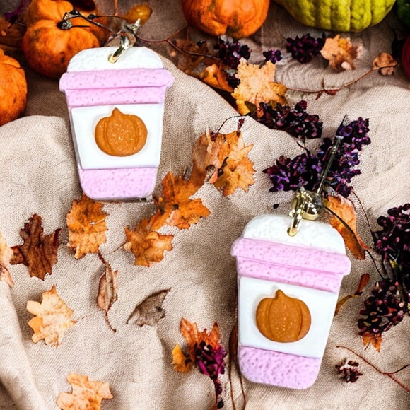 Pumpkin Coffee Cup Polymer Clay Dangle Earrings - Picture 3 of 5